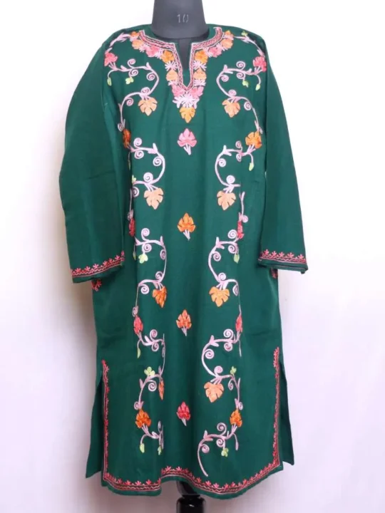 Elegant Dark Green Chinari Designer Ze Lakeer Pheran in Cashmilon with Aari Embroidery - Wazir Bagh Collection