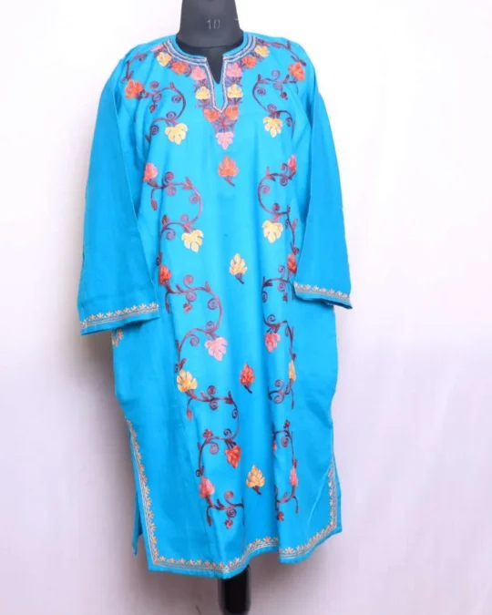 Beautiful Deep Sky Blue Chinari Designer Ze Lakeer Pheran Crafted in Cashmilon - Wazir Bagh Collection