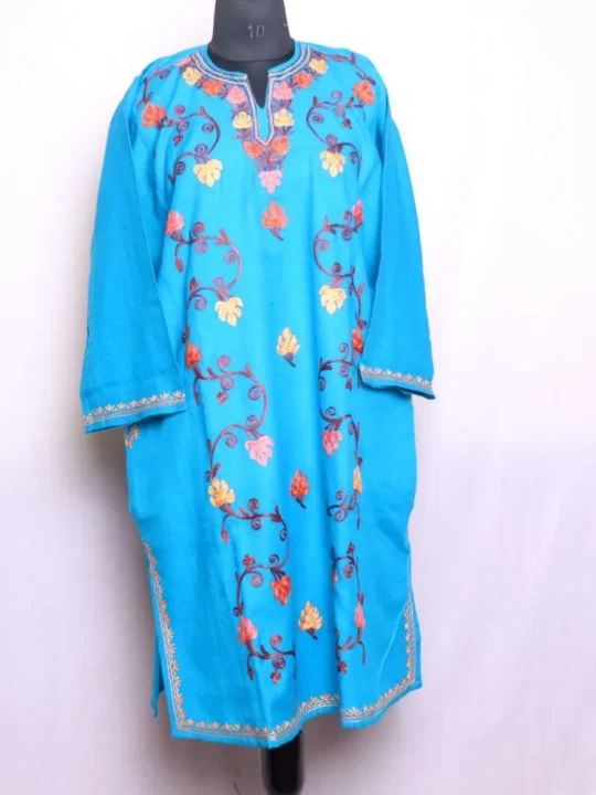 Beautiful Deep Sky Blue Chinari Designer Ze Lakeer Pheran Crafted in Cashmilon - Wazir Bagh Collection