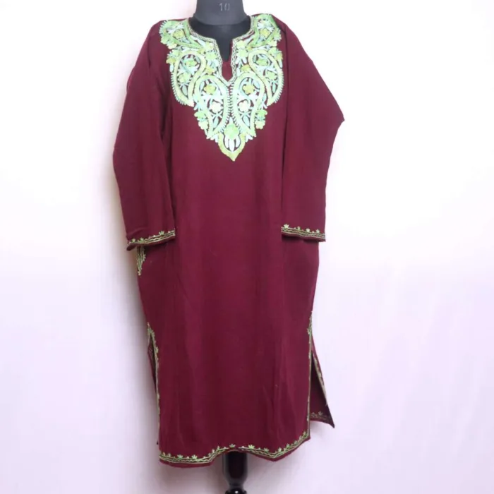 Classic Aari Embroidered Maroon Cashmilon Pheran for Winter Wear - Baghmehtab Collection - Image 2