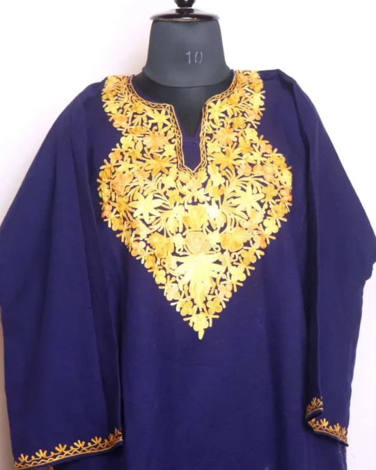 Cozy and Stylish Dark Blue Cashmilon Pheran with Aari Embroidery - Baghmehtab Collection