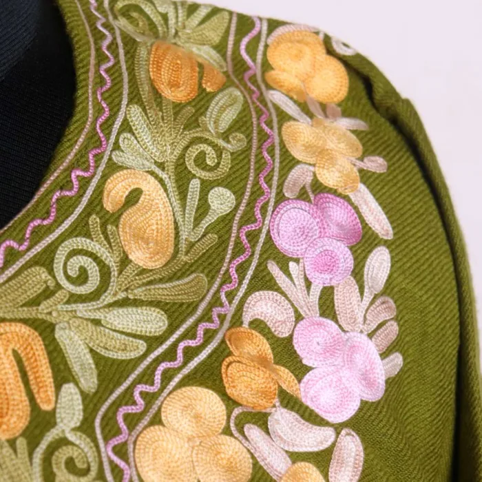 Olive Green Aari Embroidered Pheran in Cozy Cashmilon Fabric - Baghmehtab Collection - Image 2