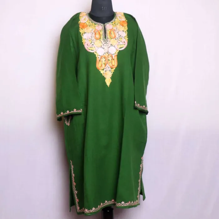 Beautiful Green Cashmilon Pheran with Traditional Aari Work - Baghmehtab Collection - Image 2