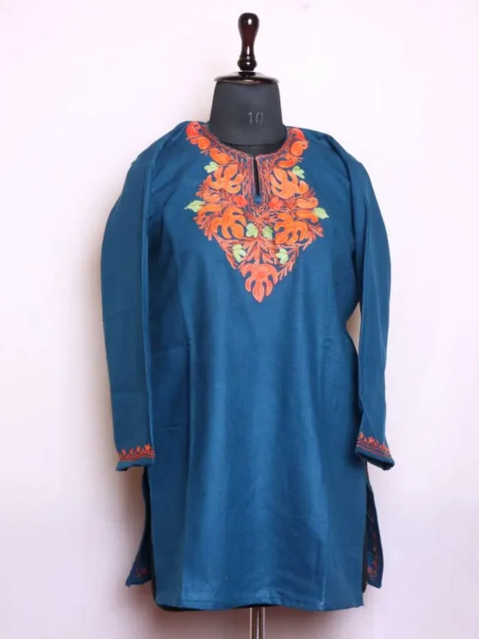 Stylish Midnight Blue Aari Embroidered Cashmilon Short Kurta | Wazir Bagh Collection