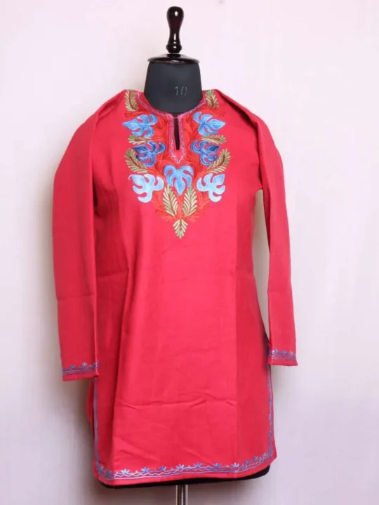 Elegant Winter Dark Pink Cashmilon Short Kurta with Aari Work | Wazir Bagh Collection