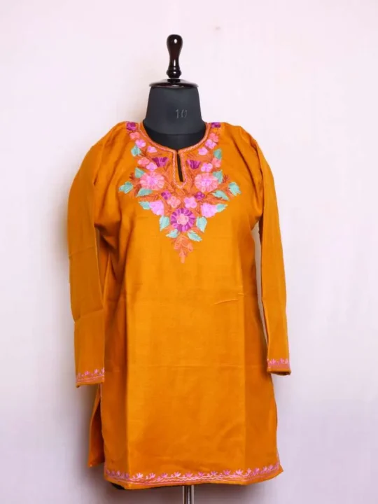 Beautiful Aari Worked Mustard Cashmilon Short Kurta for Women | Wazir Bagh Collection
