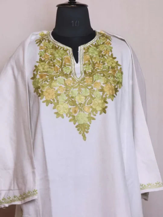 White Traditional Aari Worked Cashmilon Pheran - Chattabal Collection