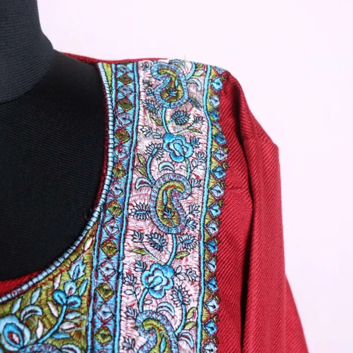 Maroon Needleworked Loose Pheran | Phiran Crafted from Cashmilon - Badamweer Collection - Image 3