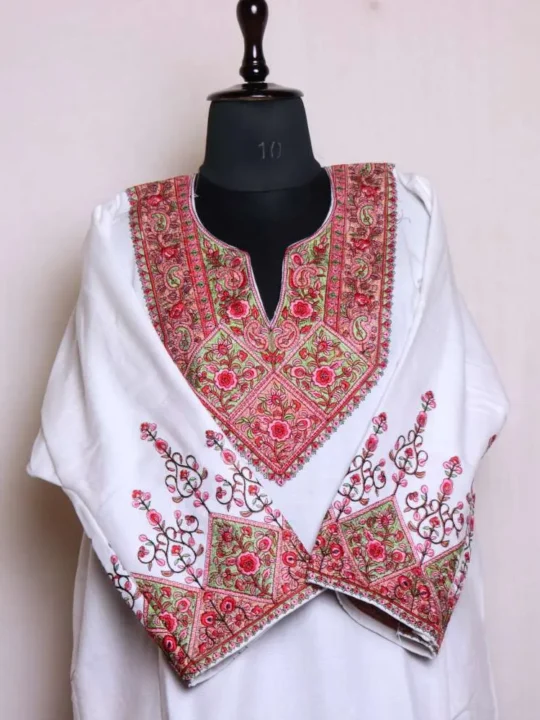 Stylish White Cashmilon Needleworked Loose Pheran | Phiran for a Graceful Look - Badamweer Collection