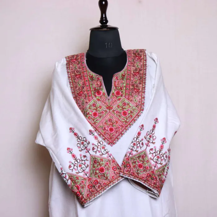 Stylish White Cashmilon Needleworked Loose Pheran | Phiran for a Graceful Look - Badamweer Collection