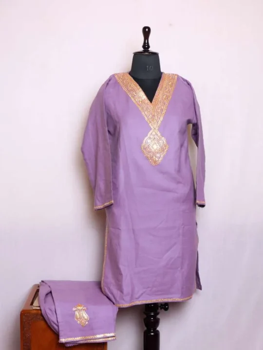 Kashmiri Violet Cashmilon Kurta Set with Intricate Tilla Designs | Wazir Bagh Collection