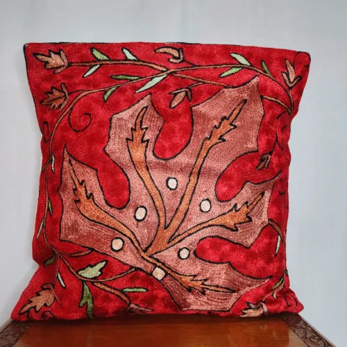 Red Chain Stitch Big Chinar Leaf Cushion Cover 16*16 | Barzul Collection