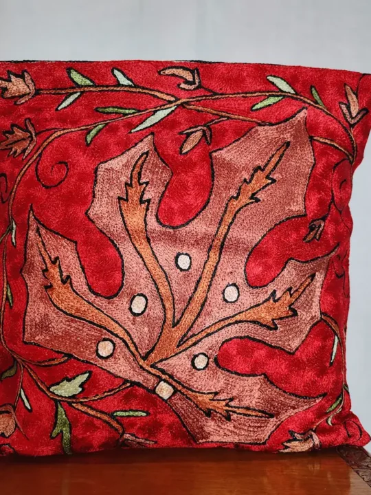 Red Chain Stitch Big Chinar Leaf Cushion Cover 16*16 | Barzul Collection