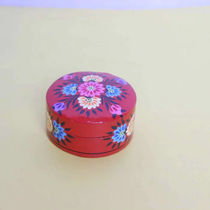 Red Miniature Paper Machie Box with Vibrant Hand-Painted Design