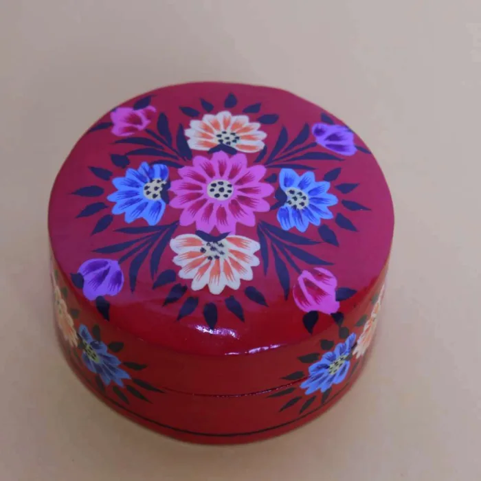 Red Miniature Paper Machie Box with Vibrant Hand-Painted Design - Image 2