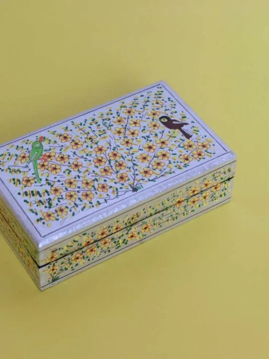 Handcrafted Beige Paper Machie Box with Detailed Patterns