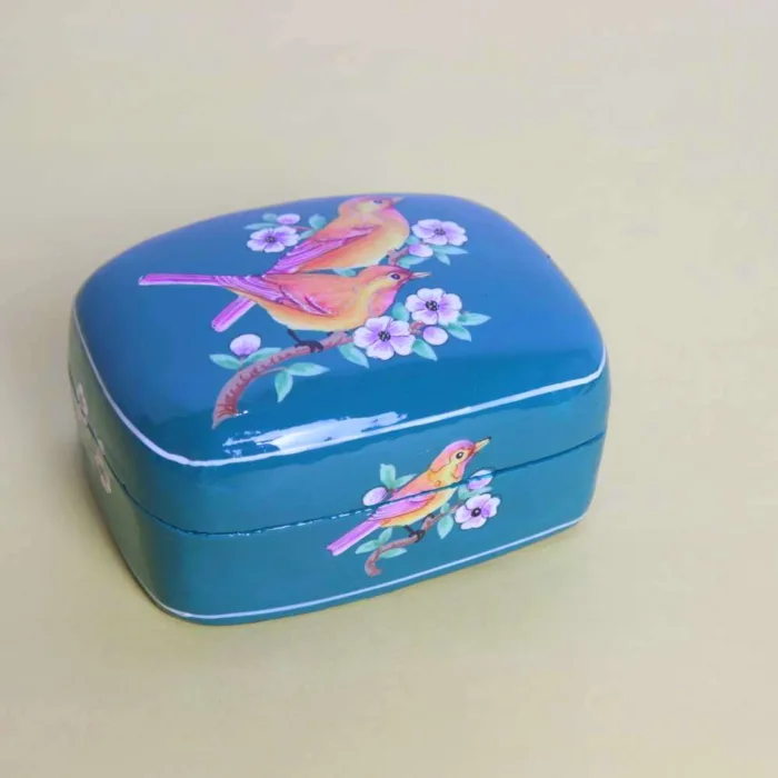 Teal Blue Handcrafted Paper Machie Box with Floral Art