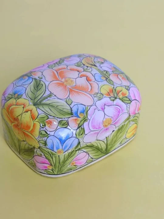 Intricately Painted Paper Beige Machie Box for Gifting