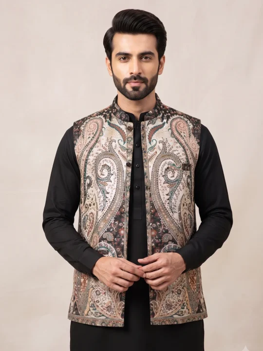 Kani Men's Nehru Jacket | Waist Coat | Big Paisely Blackish - Sonwar Collection