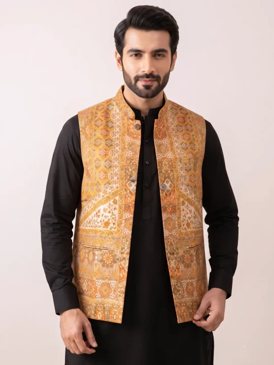 Mustard TreKoon Kani Men's Waist Coat | Nehru Jacket - Sonwar Collection