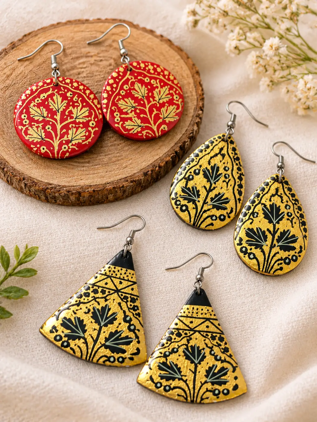 Kashmiri Unique Paper Mache Earrings - Set of 3 Pairs