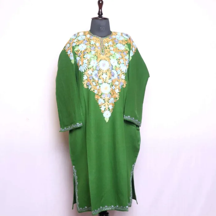 Elegant Green Front-Back Aari Embroidered Pheran in Cashmilon Fabric - Wazeer Bagh Collection - Image 2