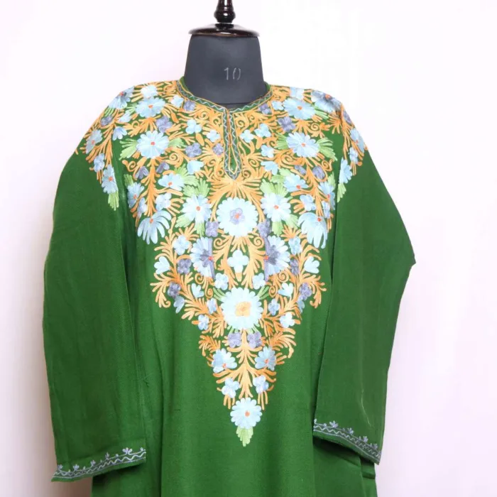 Elegant Green Front-Back Aari Embroidered Pheran in Cashmilon Fabric - Wazeer Bagh Collection