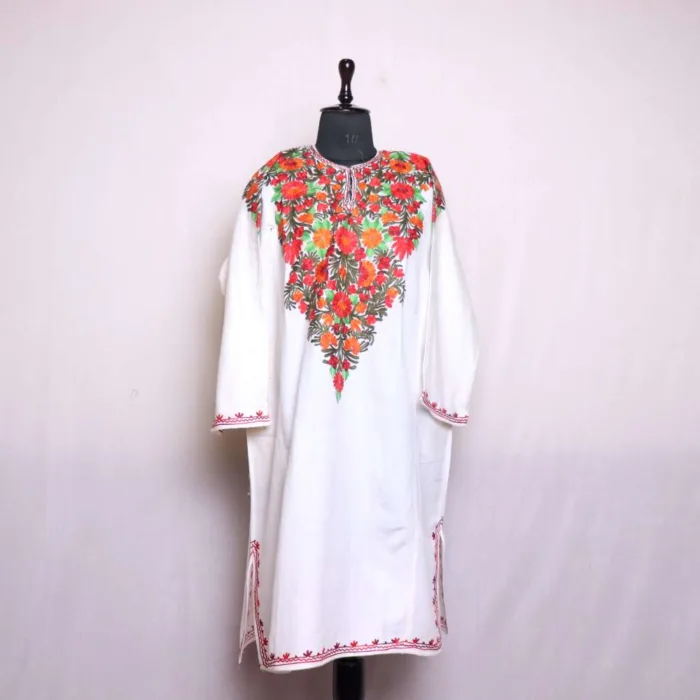 Beautiful Off-White Cashmilon Pheran with Front-Back Aari Embroidery - Wazeer Bagh Collection - Image 2