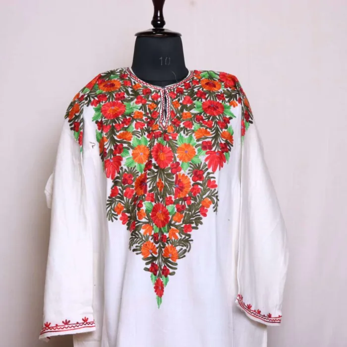 Beautiful Off-White Cashmilon Pheran with Front-Back Aari Embroidery - Wazeer Bagh Collection