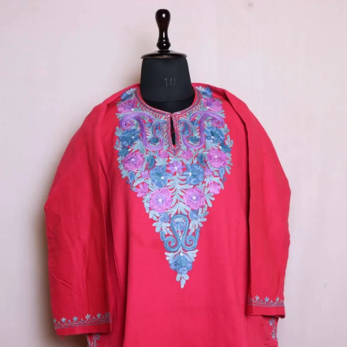 Stylish Pinkish Aari Embroidered Cashmilon Pheran | Feran - Nowhatta Collection