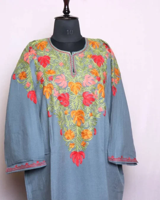 Stylish Grey Front-Back Aari Embroidery Pheran in Soft Cashmilon - Wazeer Bagh Collection