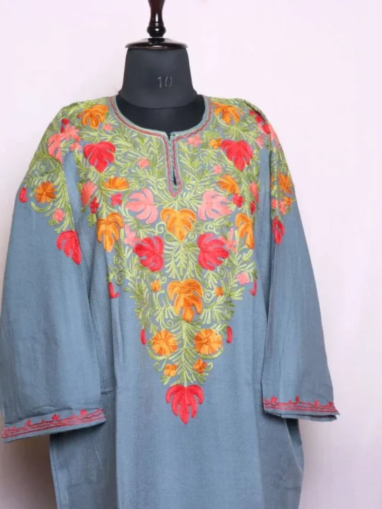 Stylish Grey Front-Back Aari Embroidery Pheran in Soft Cashmilon - Wazeer Bagh Collection
