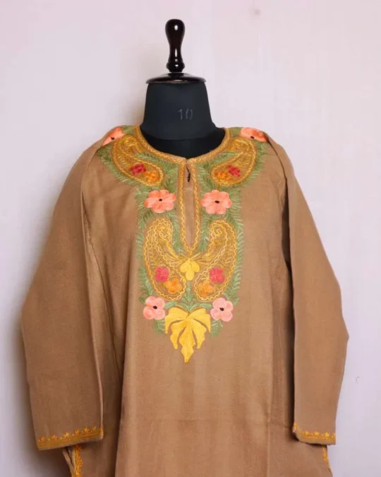 Beautiful Beige Cashmilon Pheran | Feran Adorned with Aari Embroidery - Nowhatta Collection