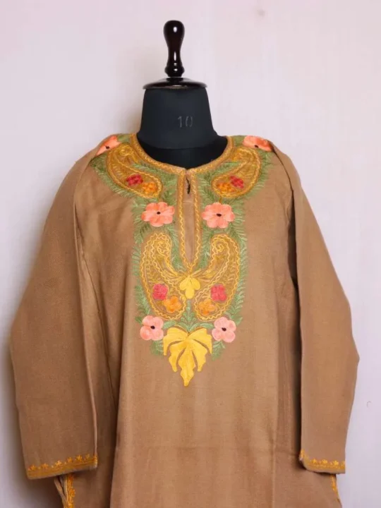 Beautiful Beige Cashmilon Pheran | Feran Adorned with Aari Embroidery - Nowhatta Collection