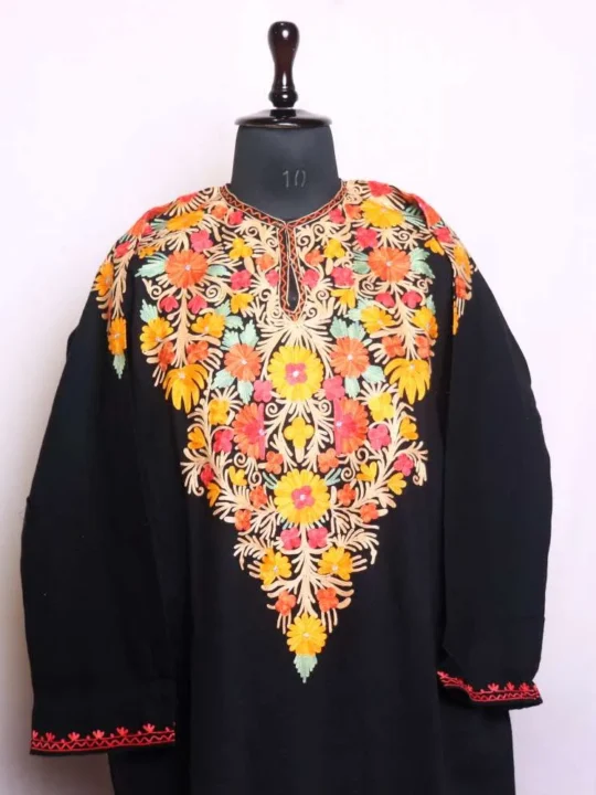 Black Front-Back Aari Embroidered Pheran in Cashmilon - Wazeer Bagh Collection