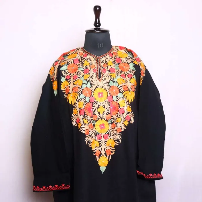 Black Front-Back Aari Embroidered Pheran in Cashmilon - Wazeer Bagh Collection