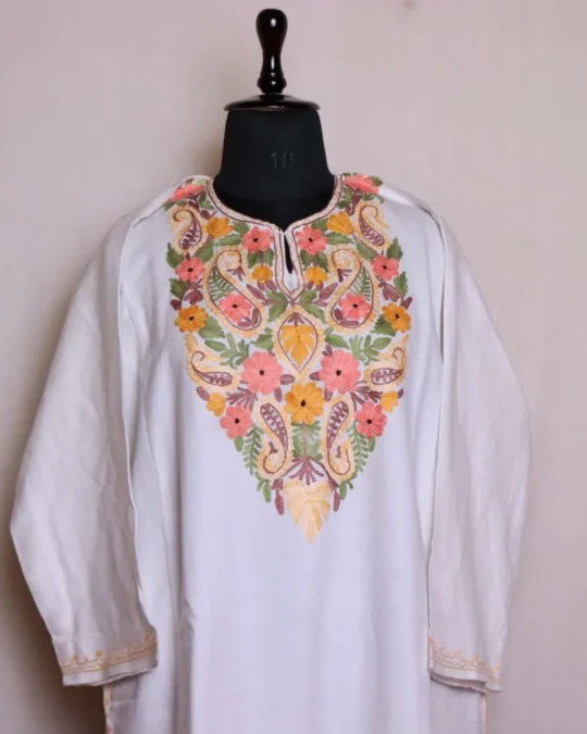 Stunning Off-White Cashmilon Pheran | Feran with Elegant Aari Embroidery - Nowhatta Collection