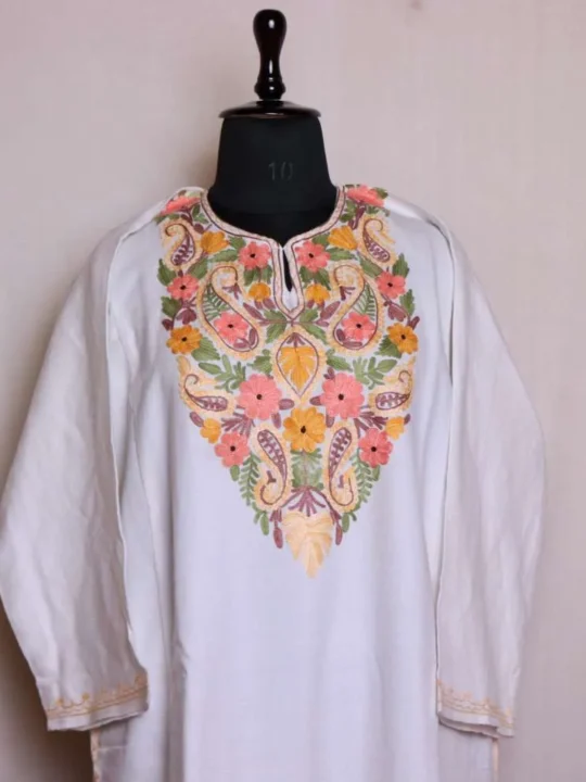 Stunning Off-White Cashmilon Pheran | Feran with Elegant Aari Embroidery - Nowhatta Collection