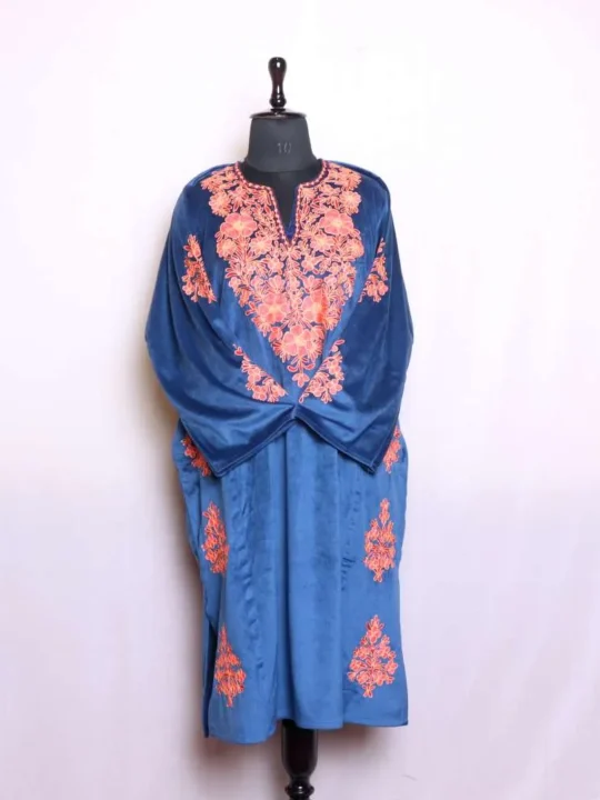 Elegant Royal Blue Designer Velvet Pheran with Aari and Zari Embroidery - Nowhatta Collection
