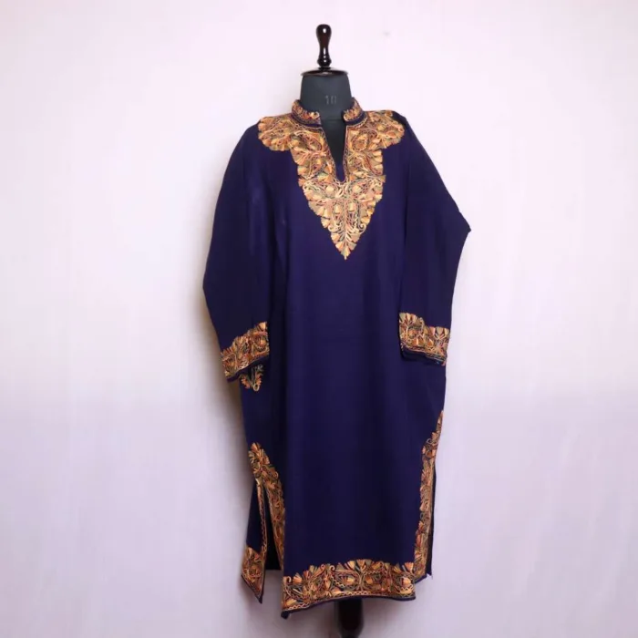 Elegant Dark Blue Border Aari Embroidery Loose  Cashmilon Pheran - Baghimehtab collection