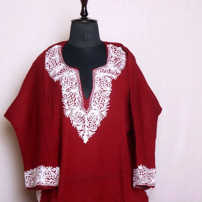 Beautiful Damaan Aari Embroidery Maroon Loose Pheran in Cozy Cashmilon Fabric - Baghimehtab collection - Image 2