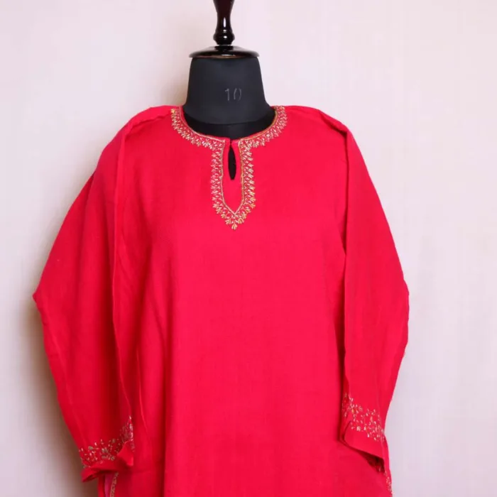 Hot Pink Kashmiri Needlework Pheran in Cashmilon - Saidakadal Collection - Image 2