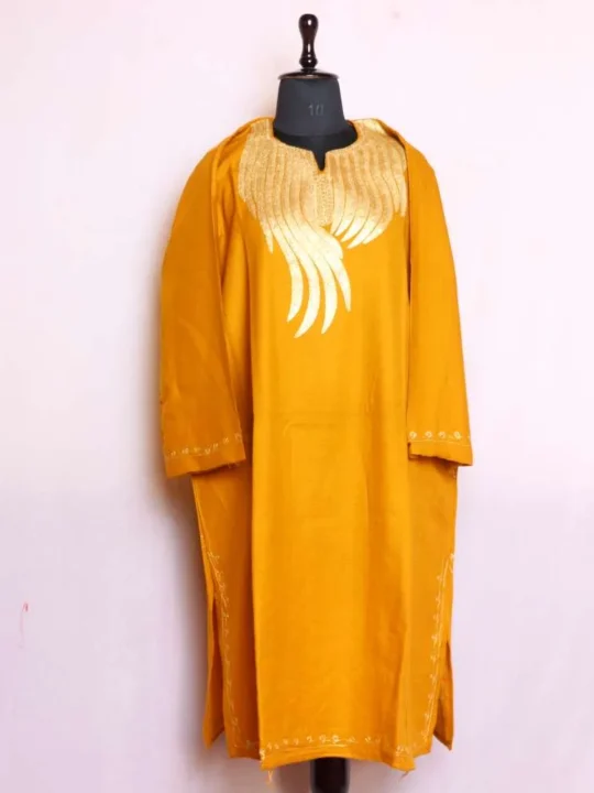 Elegant Nowhatta Mustard Designer Cashmilon Pheran with Zari Embroidery