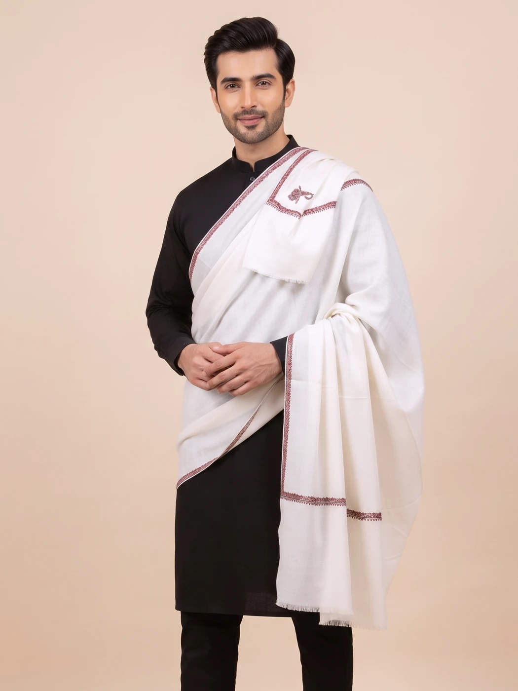 Pathan Safed Kashmiri Mens Traditional Hashidar Shawl/Dussa with Hand Sozni Embroidery