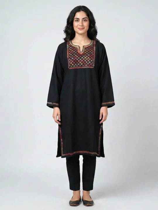 Black Needlework Pheran for Women in Cashmilon Fabric - Saidakadal Collection [47, 44]