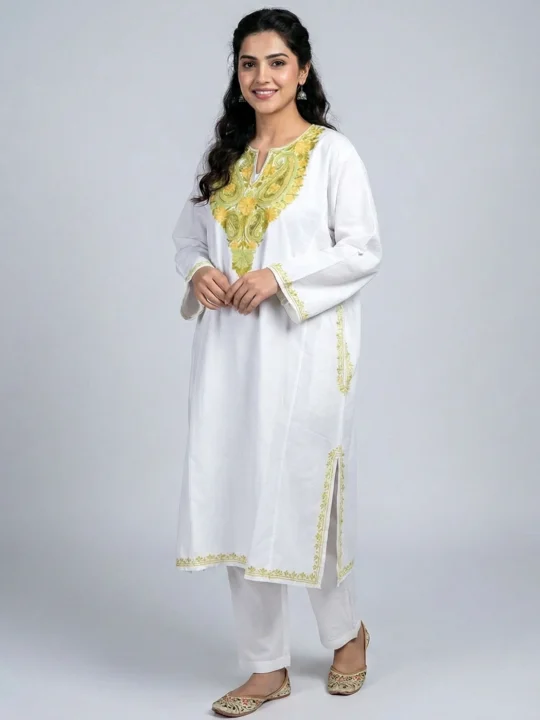 Soft and Stylish White Aari Embroidered Pheran | Feran - Chattabal Collection