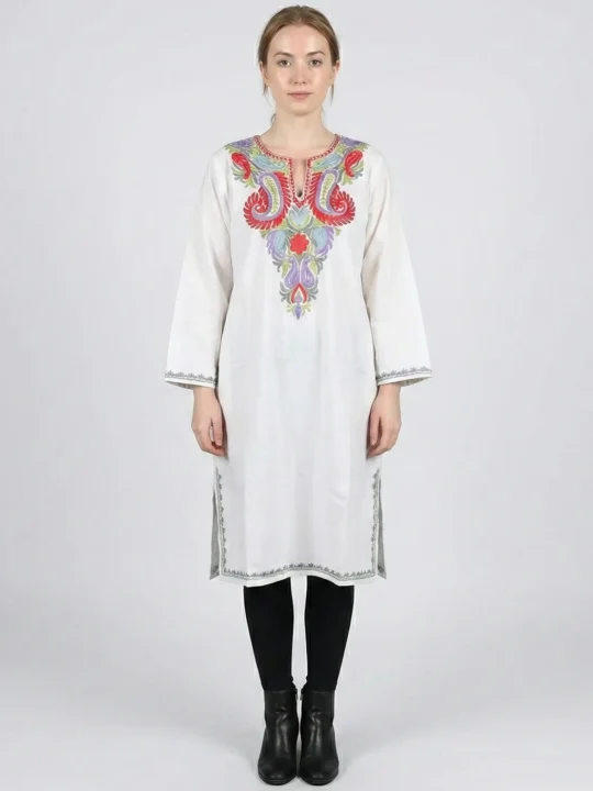 Cream Color Aari Worked Cashmilon Pheran - Sonwari Collection