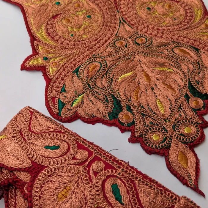 Red & Copper Afghani Style Dual Shade Neck Tillawork Patch and (4.5m) Lace - Image 2