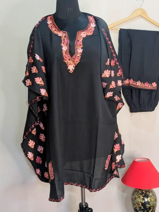 Kashmiri Side Panel Black Summer Cool Kaftan Set with Aari Work - Nowhatta Collection