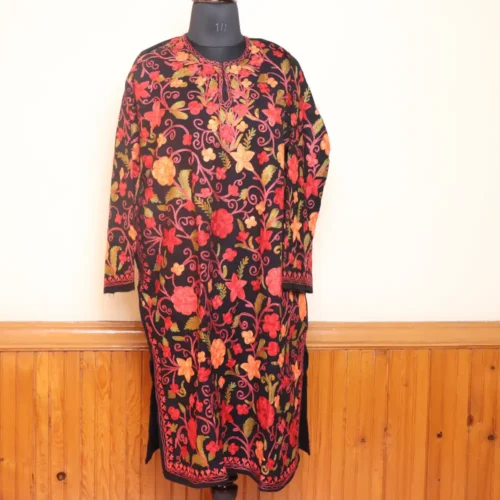 Gousia Black Wool Front Jaal Aari All Over Kashmiri Pheran L41